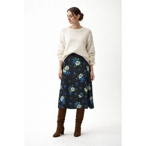 Vintage‎ Limited Silk Black Floral Midi Skirt Size 14